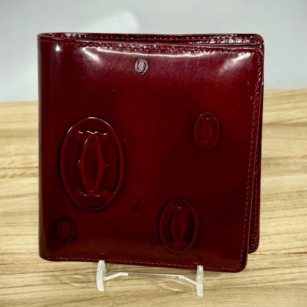 Cartier Paris Happy Birthday Red Patent Leather Bifold Wallet Logo Embossed